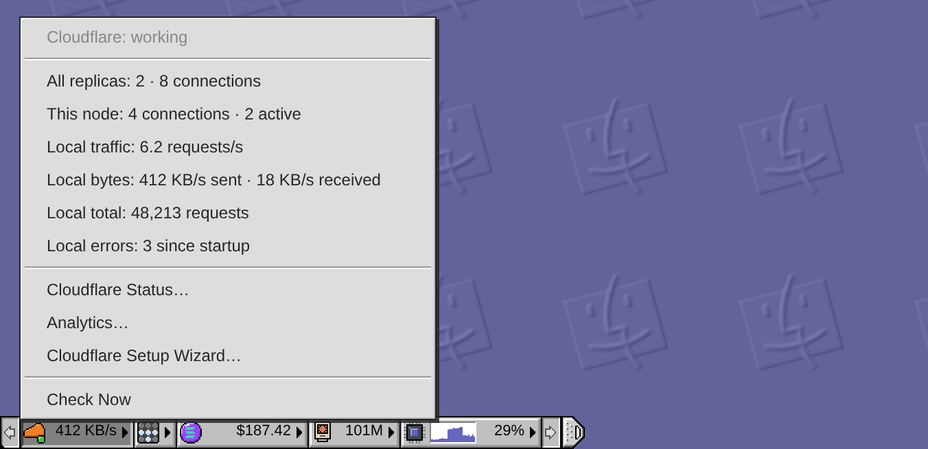 The Cloudflare menu, headed "Cloudflare: working": replicas and connections, this node's connections and active requests, local requests a second, bytes sent and received, the request total and errors since startup, then Cloudflare Status…, Analytics…, Cloudflare Setup Wizard… and Check Now.