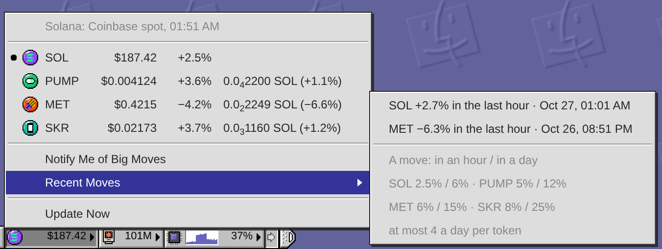 The ticker's menu: SOL, PUMP, MET and SKR, each with its coin, dollar price and day change, the last three with their price in SOL. The Recent Moves submenu is open, with two moves and the thresholds under them.