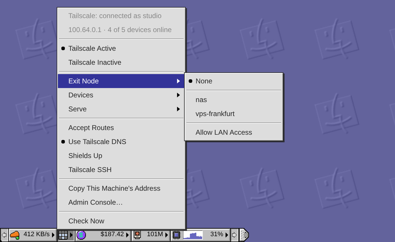 The Tailscale menu, connected as studio with 4 of 5 devices online, with Tailscale Active marked. The Exit Node submenu is open: None is marked, then two devices that offer an exit node, nas and vps-frankfurt, and Allow LAN Access.