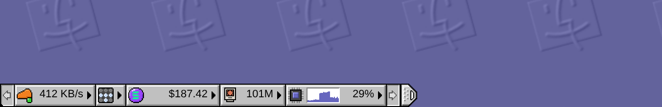 The Control Strip at rest: a scroll arrow, Cloudflare with a green lamp and 412 KB/s, the Tailscale lamp panel, SOL at $187.42, agent usage at 101M, a small activity chart at 29%, a second scroll arrow and the tab.