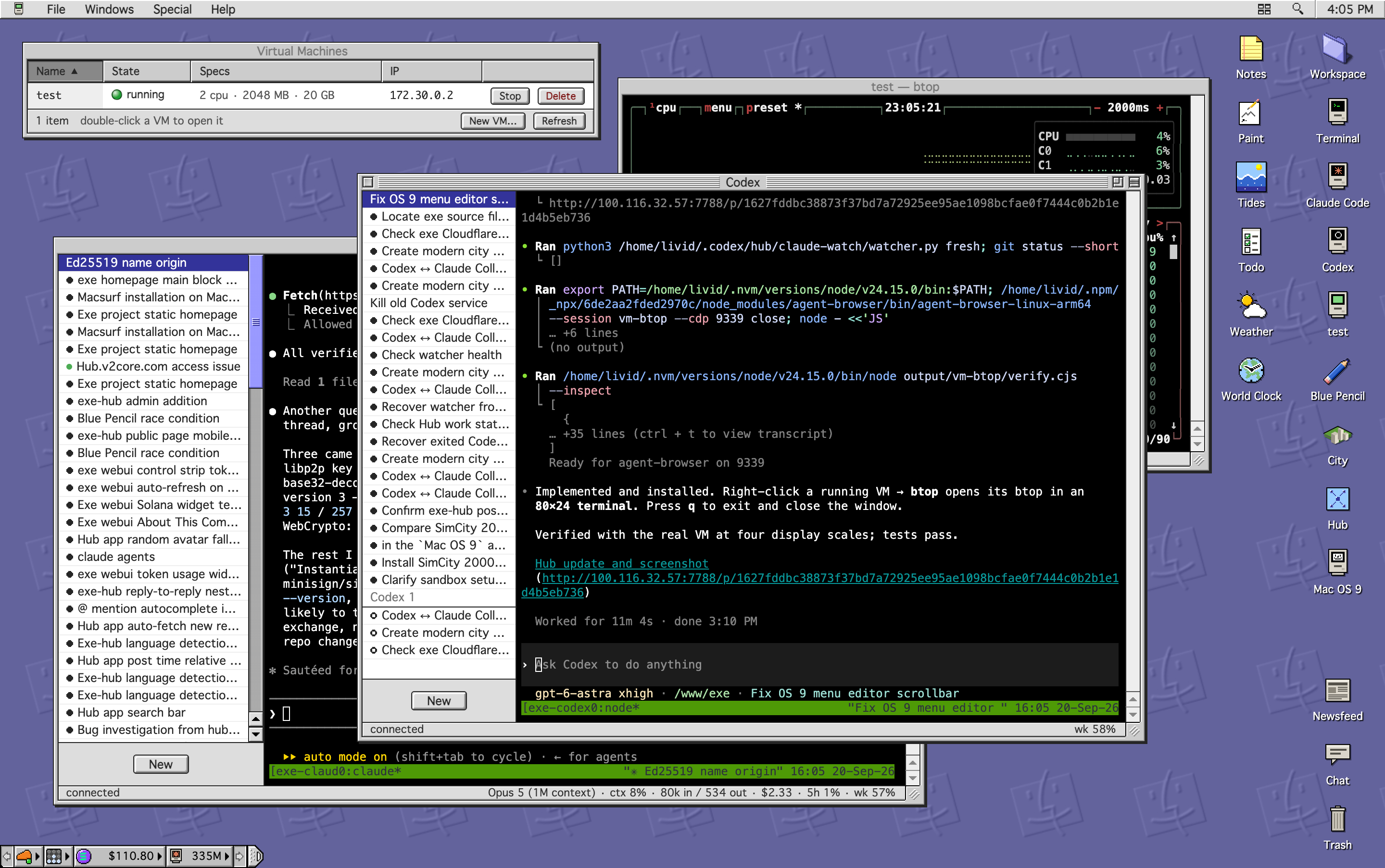 The desktop: Codex and Claude Code windows, the virtual machine list, and btop running in a VM.