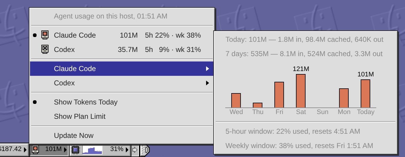 The agent usage menu with a row each for Claude Code and Codex. The Claude Code submenu is open: today's and the week's tokens split into in, cached and out, a column for each of the last seven days, and when the 5-hour and weekly windows reset.